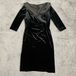 Tahari Arthur S Levine Black Velvet Satin Collar Elegant Midi Dress Women’s 6